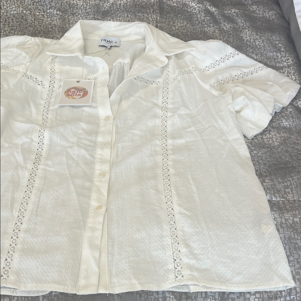 FRNCH Ivory Button-Up Blouse with Lace Accents